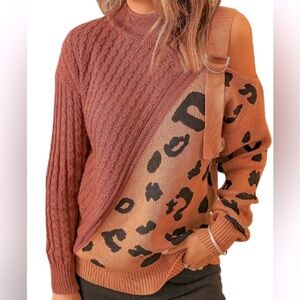 Brown/ leopards print asymmetrical sweater cold shoulder buckle strap size S